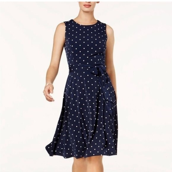 Charter Club Navy Blue and White Polka Dot Fit and A-line Midi Dress Size M - Picture 1 of 7